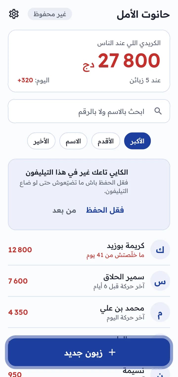 الصفحة الرئيسية: مجموع الكريدي والزبائن الأكثر دَينًا